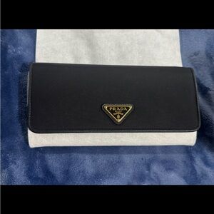Prada Black Leather Flap Wallet with Gold Logo